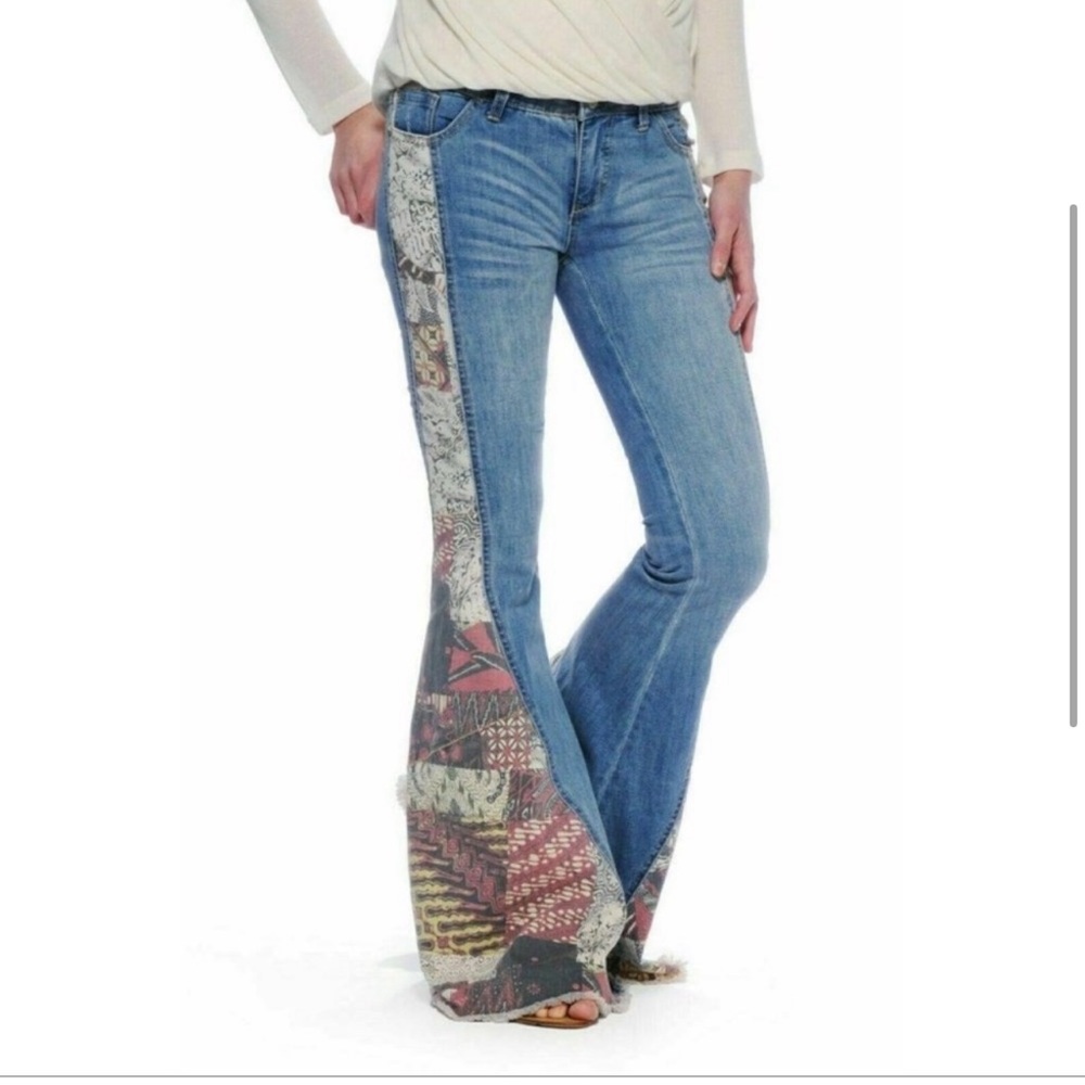Free People Bali Boho Patchwork Super Flare Bell Bottoms Jeans 30